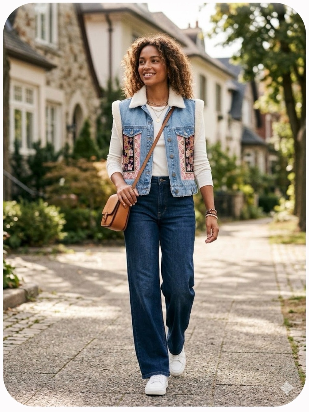 Desigual Maui Embroidered Denim Vest Faux Shearling Trim Size M